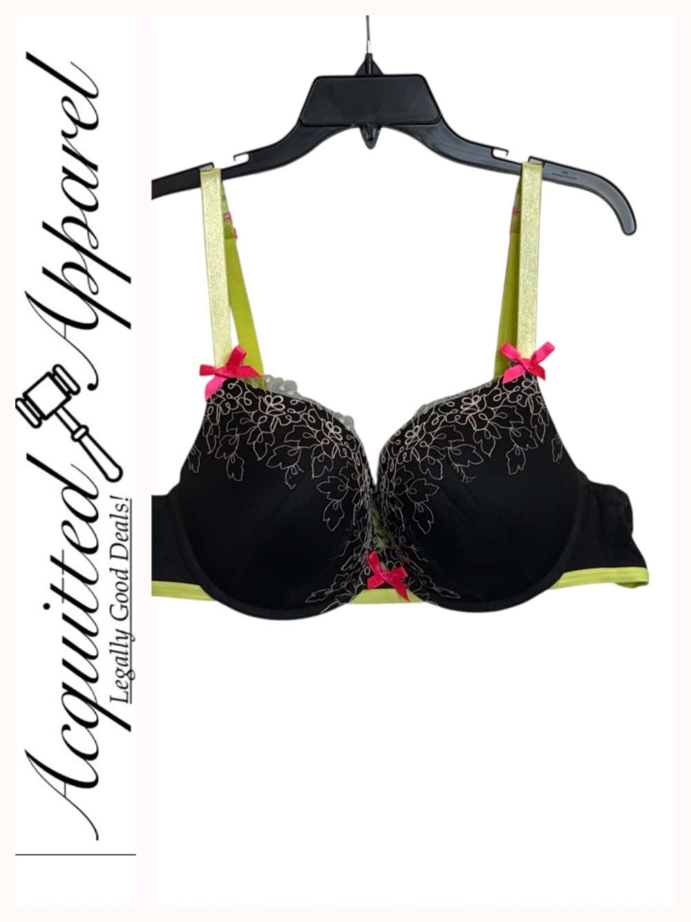 Cacique Intimates Black Embroidered Floral Black W/Lime Straps Pink Accents